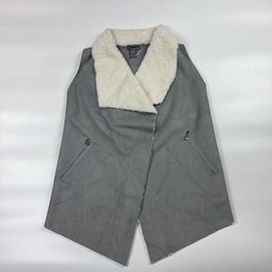 Lola B Vest Womens Small Gray White Suede Faux Shearling Collared Asymmetrical